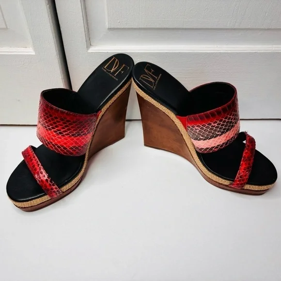 DIANE VON FURSTENBERG Wood Wedge Platform Sandals Size 8 - Picture 5 of 12